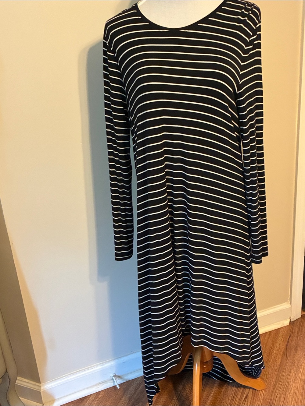Black & White Striped Long-Sleeve A-Line Dress